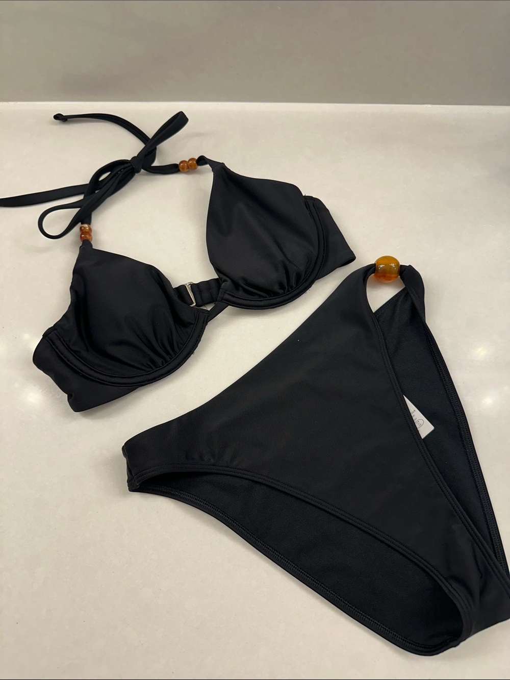 Abercrombie & Fitch Black Bikini Set Amber Bead Accents